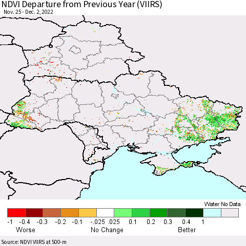Ukraine, Moldova and Belarus NDVI Departure from Previous Year (VIIRS) Thematic Map For 11/25/2022 - 12/2/2022