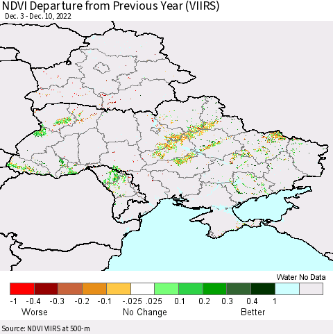 Ukraine, Moldova and Belarus NDVI Departure from Previous Year (VIIRS) Thematic Map For 12/1/2022 - 12/10/2022