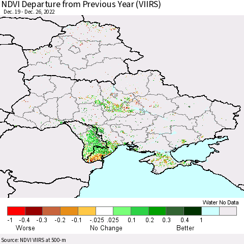 Ukraine, Moldova and Belarus NDVI Departure from Previous Year (VIIRS) Thematic Map For 12/19/2022 - 12/26/2022