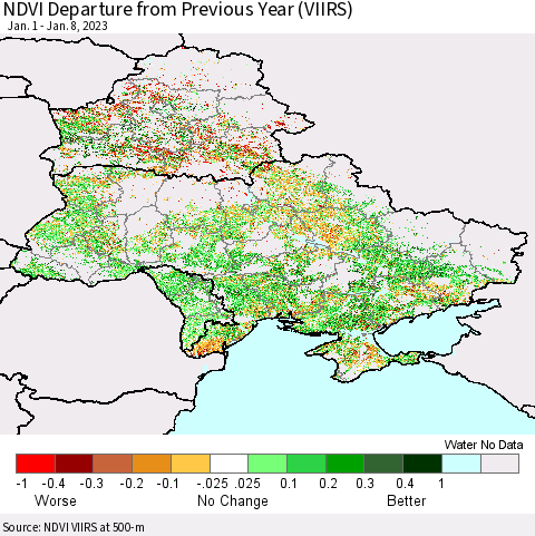 Ukraine, Moldova and Belarus NDVI Departure from Previous Year (VIIRS) Thematic Map For 1/1/2023 - 1/8/2023