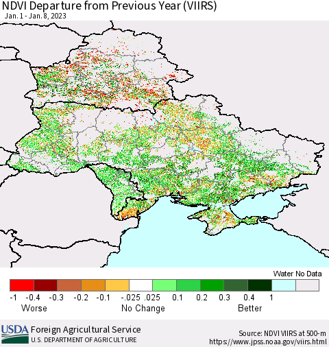 Ukraine, Moldova and Belarus NDVI Departure from Previous Year (VIIRS) Thematic Map For 1/1/2023 - 1/10/2023