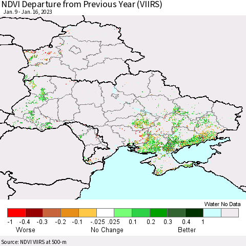 Ukraine, Moldova and Belarus NDVI Departure from Previous Year (VIIRS) Thematic Map For 1/9/2023 - 1/16/2023