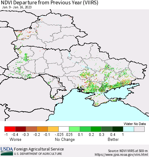 Ukraine, Moldova and Belarus NDVI Departure from Previous Year (VIIRS) Thematic Map For 1/11/2023 - 1/20/2023