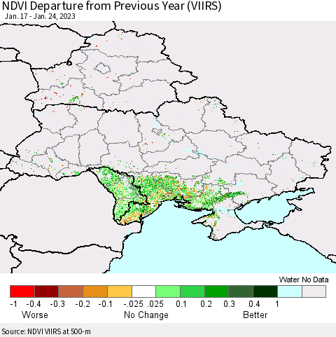 Ukraine, Moldova and Belarus NDVI Departure from Previous Year (VIIRS) Thematic Map For 1/17/2023 - 1/24/2023