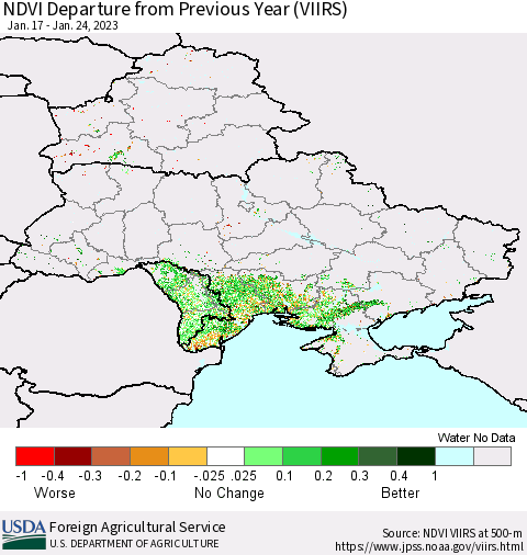 Ukraine, Moldova and Belarus NDVI Departure from Previous Year (VIIRS) Thematic Map For 1/21/2023 - 1/31/2023