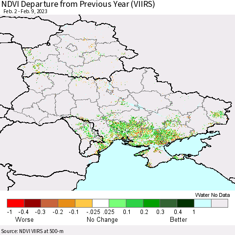 Ukraine, Moldova and Belarus NDVI Departure from Previous Year (VIIRS) Thematic Map For 2/2/2023 - 2/9/2023
