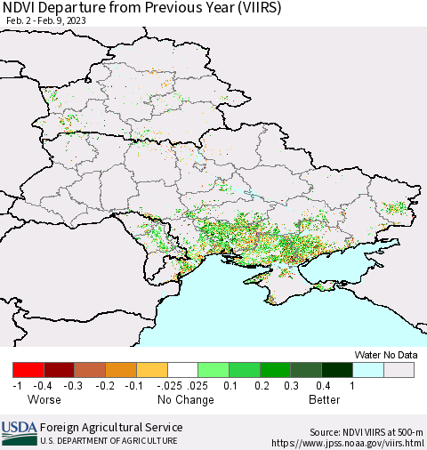 Ukraine, Moldova and Belarus NDVI Departure from Previous Year (VIIRS) Thematic Map For 2/1/2023 - 2/10/2023