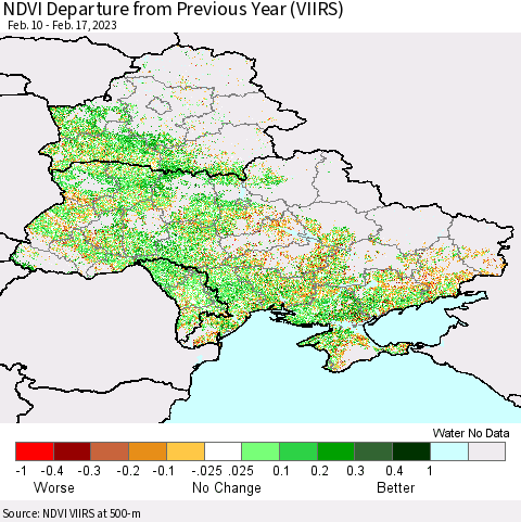 Ukraine, Moldova and Belarus NDVI Departure from Previous Year (VIIRS) Thematic Map For 2/10/2023 - 2/17/2023