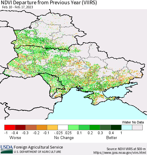 Ukraine, Moldova and Belarus NDVI Departure from Previous Year (VIIRS) Thematic Map For 2/11/2023 - 2/20/2023