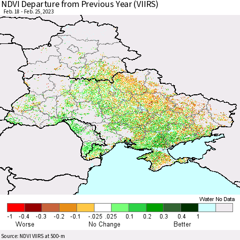 Ukraine, Moldova and Belarus NDVI Departure from Previous Year (VIIRS) Thematic Map For 2/18/2023 - 2/25/2023