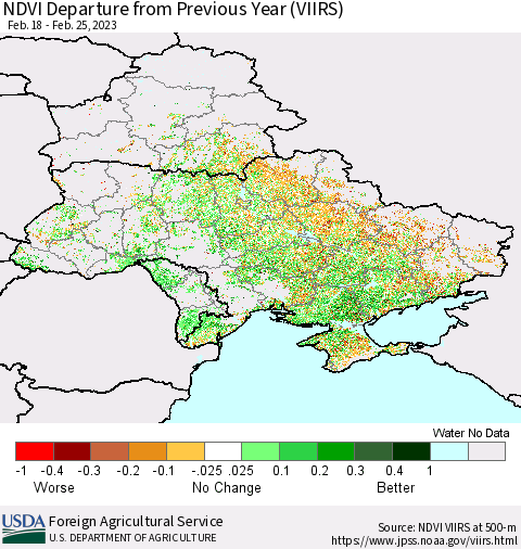 Ukraine, Moldova and Belarus NDVI Departure from Previous Year (VIIRS) Thematic Map For 2/21/2023 - 2/28/2023