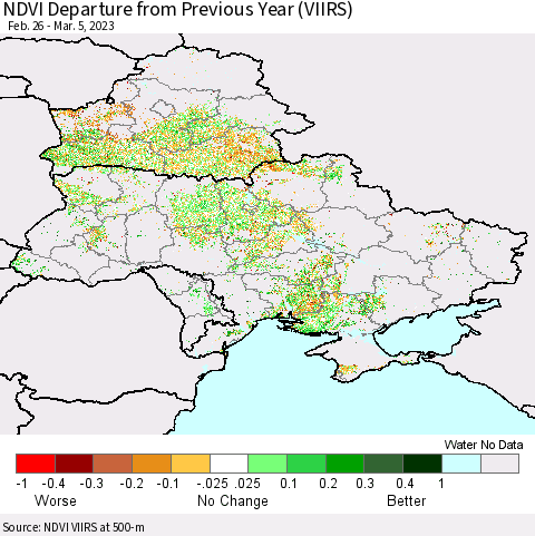 Ukraine, Moldova and Belarus NDVI Departure from Previous Year (VIIRS) Thematic Map For 2/26/2023 - 3/5/2023