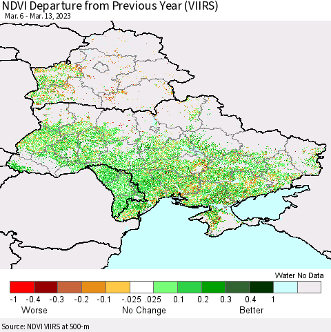Ukraine, Moldova and Belarus NDVI Departure from Previous Year (VIIRS) Thematic Map For 3/6/2023 - 3/13/2023