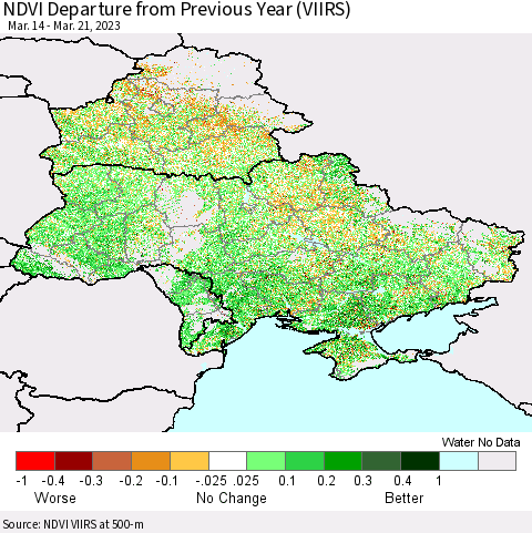 Ukraine, Moldova and Belarus NDVI Departure from Previous Year (VIIRS) Thematic Map For 3/14/2023 - 3/21/2023
