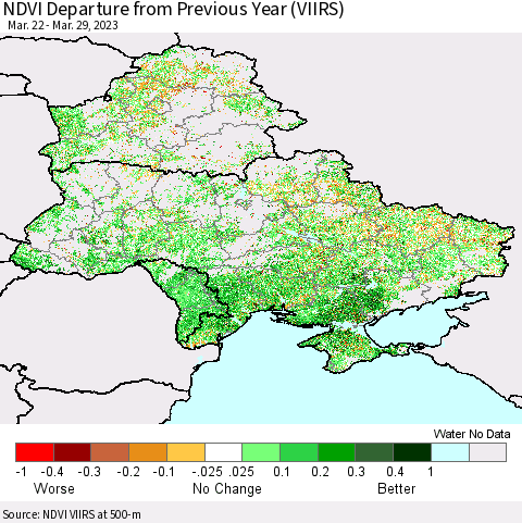 Ukraine, Moldova and Belarus NDVI Departure from Previous Year (VIIRS) Thematic Map For 3/22/2023 - 3/29/2023