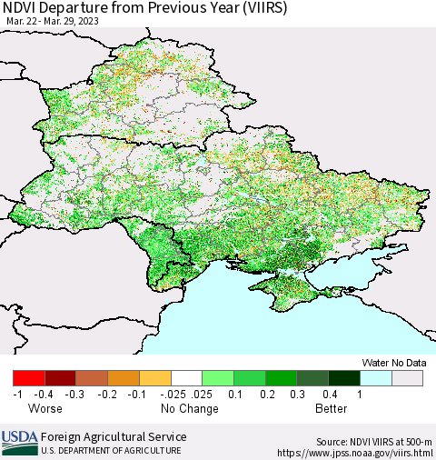 Ukraine, Moldova and Belarus NDVI Departure from Previous Year (VIIRS) Thematic Map For 3/21/2023 - 3/31/2023