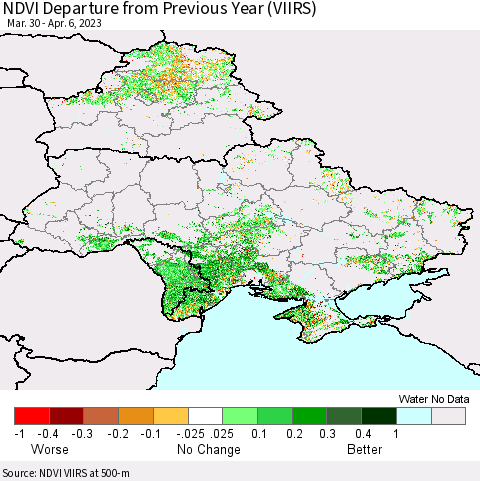 Ukraine, Moldova and Belarus NDVI Departure from Previous Year (VIIRS) Thematic Map For 3/30/2023 - 4/6/2023