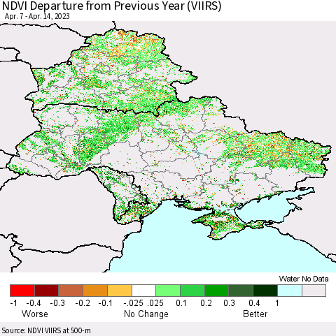 Ukraine, Moldova and Belarus NDVI Departure from Previous Year (VIIRS) Thematic Map For 4/7/2023 - 4/14/2023