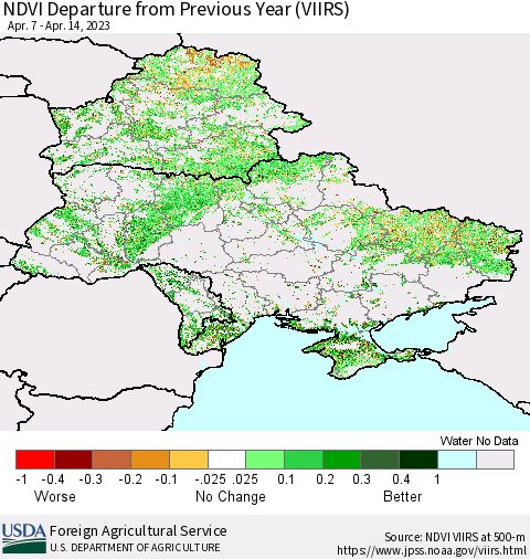 Ukraine, Moldova and Belarus NDVI Departure from Previous Year (VIIRS) Thematic Map For 4/11/2023 - 4/20/2023