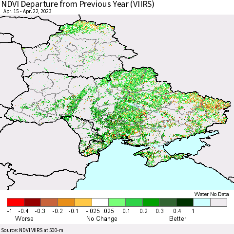 Ukraine, Moldova and Belarus NDVI Departure from Previous Year (VIIRS) Thematic Map For 4/15/2023 - 4/22/2023