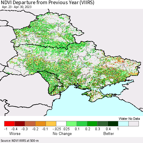 Ukraine, Moldova and Belarus NDVI Departure from Previous Year (VIIRS) Thematic Map For 4/21/2023 - 4/30/2023