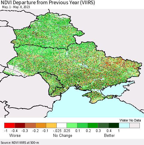 Ukraine, Moldova and Belarus NDVI Departure from Previous Year (VIIRS) Thematic Map For 5/1/2023 - 5/8/2023