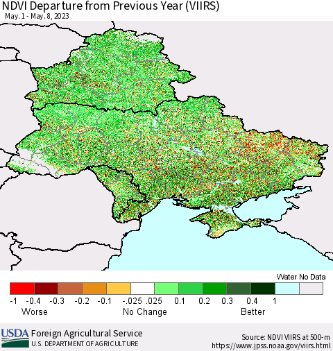 Ukraine, Moldova and Belarus NDVI Departure from Previous Year (VIIRS) Thematic Map For 5/1/2023 - 5/10/2023