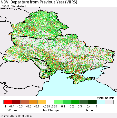 Ukraine, Moldova and Belarus NDVI Departure from Previous Year (VIIRS) Thematic Map For 5/9/2023 - 5/16/2023