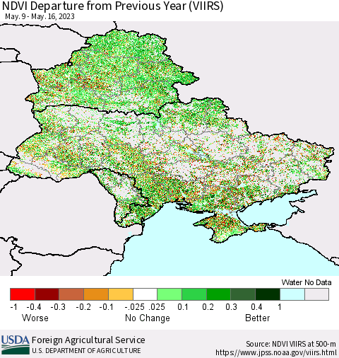 Ukraine, Moldova and Belarus NDVI Departure from Previous Year (VIIRS) Thematic Map For 5/11/2023 - 5/20/2023