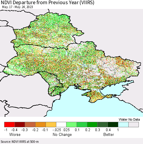 Ukraine, Moldova and Belarus NDVI Departure from Previous Year (VIIRS) Thematic Map For 5/17/2023 - 5/24/2023