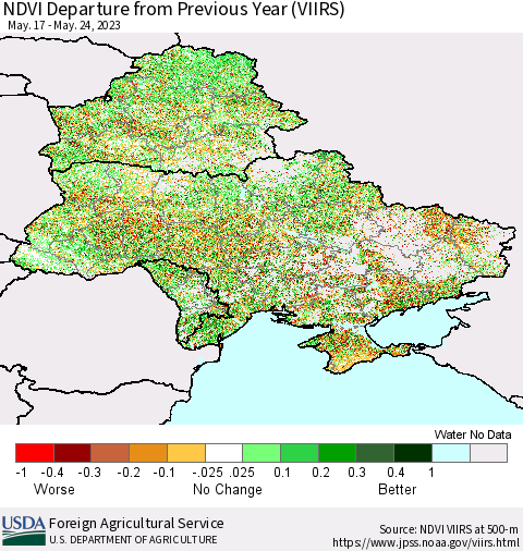 Ukraine, Moldova and Belarus NDVI Departure from Previous Year (VIIRS) Thematic Map For 5/21/2023 - 5/31/2023