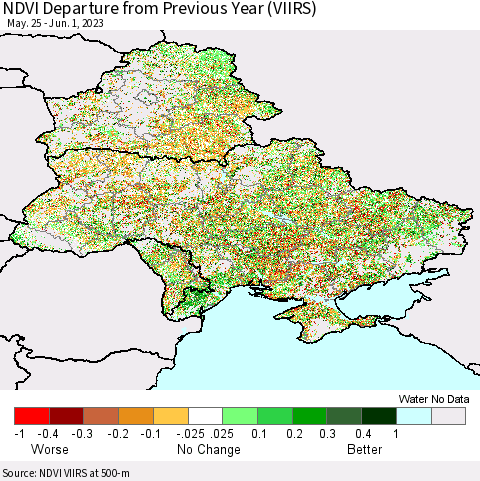 Ukraine, Moldova and Belarus NDVI Departure from Previous Year (VIIRS) Thematic Map For 5/25/2023 - 6/1/2023