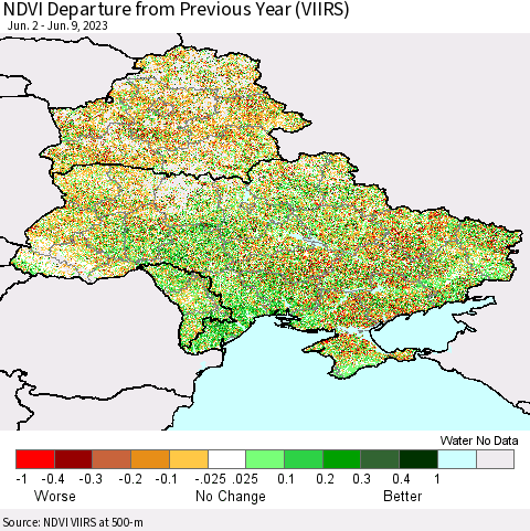 Ukraine, Moldova and Belarus NDVI Departure from Previous Year (VIIRS) Thematic Map For 6/2/2023 - 6/9/2023