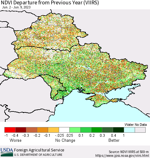Ukraine, Moldova and Belarus NDVI Departure from Previous Year (VIIRS) Thematic Map For 6/1/2023 - 6/10/2023