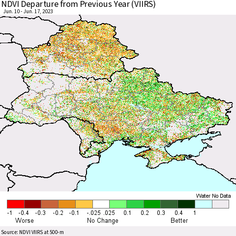 Ukraine, Moldova and Belarus NDVI Departure from Previous Year (VIIRS) Thematic Map For 6/10/2023 - 6/17/2023