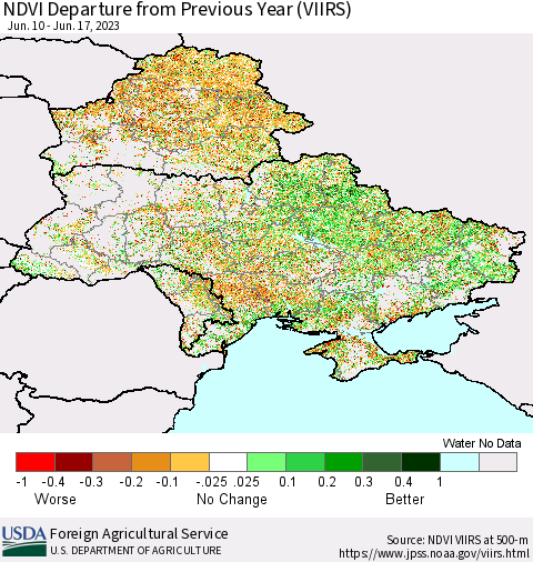 Ukraine, Moldova and Belarus NDVI Departure from Previous Year (VIIRS) Thematic Map For 6/11/2023 - 6/20/2023