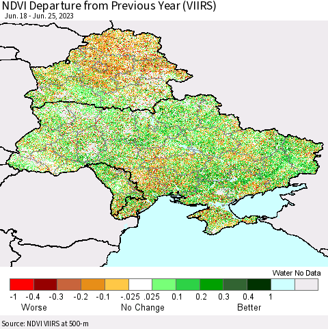 Ukraine, Moldova and Belarus NDVI Departure from Previous Year (VIIRS) Thematic Map For 6/18/2023 - 6/25/2023