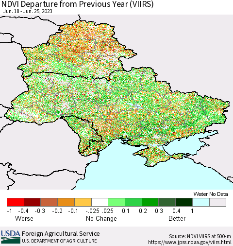Ukraine, Moldova and Belarus NDVI Departure from Previous Year (VIIRS) Thematic Map For 6/21/2023 - 6/30/2023