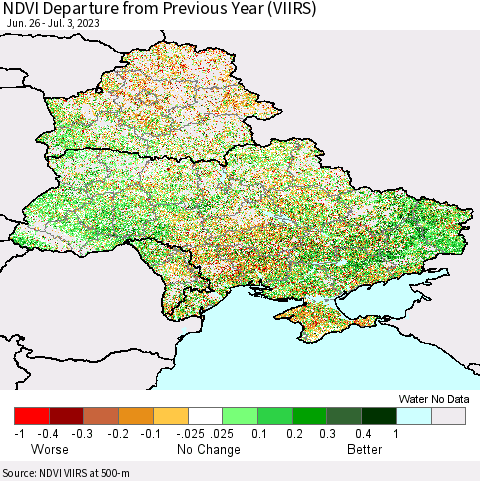 Ukraine, Moldova and Belarus NDVI Departure from Previous Year (VIIRS) Thematic Map For 6/26/2023 - 7/3/2023