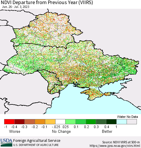Ukraine, Moldova and Belarus NDVI Departure from Previous Year (VIIRS) Thematic Map For 7/1/2023 - 7/10/2023