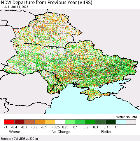 Ukraine, Moldova and Belarus NDVI Departure from Previous Year (VIIRS) Thematic Map For 7/4/2023 - 7/11/2023