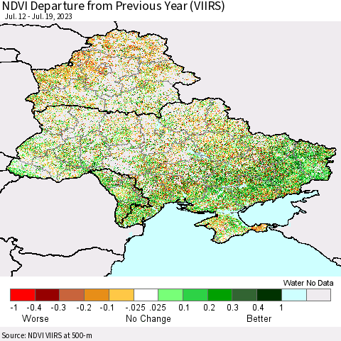 Ukraine, Moldova and Belarus NDVI Departure from Previous Year (VIIRS) Thematic Map For 7/12/2023 - 7/19/2023