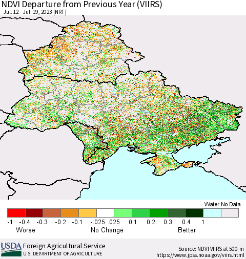Ukraine, Moldova and Belarus NDVI Departure from Previous Year (VIIRS) Thematic Map For 7/11/2023 - 7/20/2023