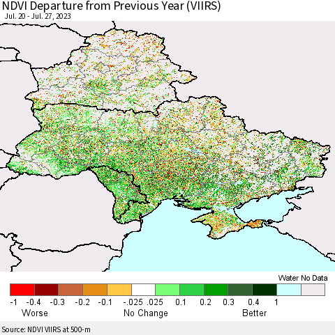 Ukraine, Moldova and Belarus NDVI Departure from Previous Year (VIIRS) Thematic Map For 7/20/2023 - 7/27/2023