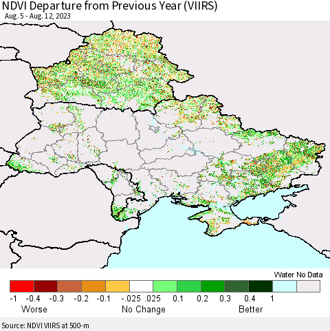 Ukraine, Moldova and Belarus NDVI Departure from Previous Year (VIIRS) Thematic Map For 8/5/2023 - 8/12/2023