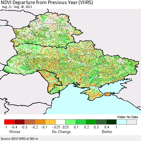 Ukraine, Moldova and Belarus NDVI Departure from Previous Year (VIIRS) Thematic Map For 8/21/2023 - 8/28/2023