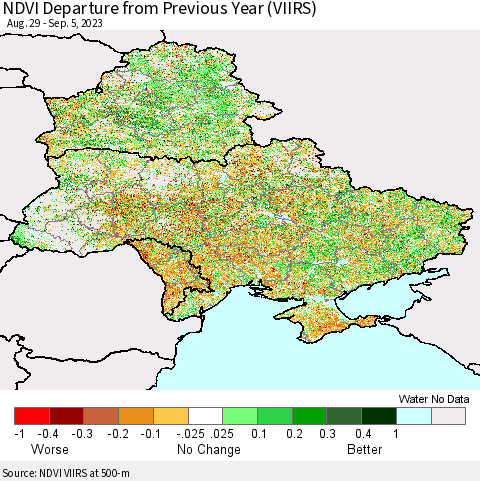 Ukraine, Moldova and Belarus NDVI Departure from Previous Year (VIIRS) Thematic Map For 8/29/2023 - 9/5/2023