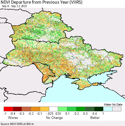 Ukraine, Moldova and Belarus NDVI Departure from Previous Year (VIIRS) Thematic Map For 9/6/2023 - 9/13/2023