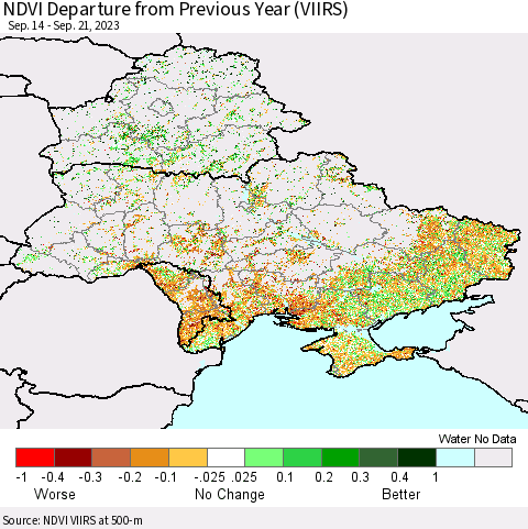 Ukraine, Moldova and Belarus NDVI Departure from Previous Year (VIIRS) Thematic Map For 9/14/2023 - 9/21/2023