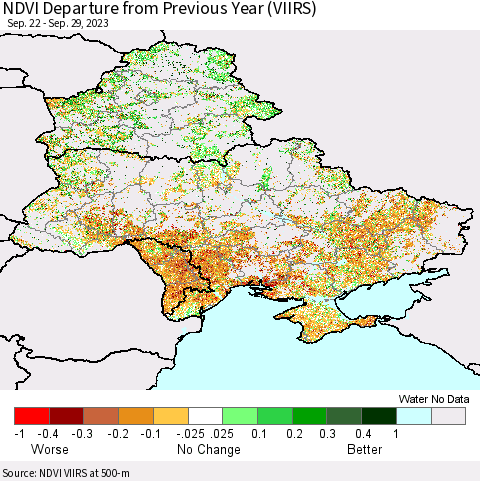 Ukraine, Moldova and Belarus NDVI Departure from Previous Year (VIIRS) Thematic Map For 9/22/2023 - 9/29/2023